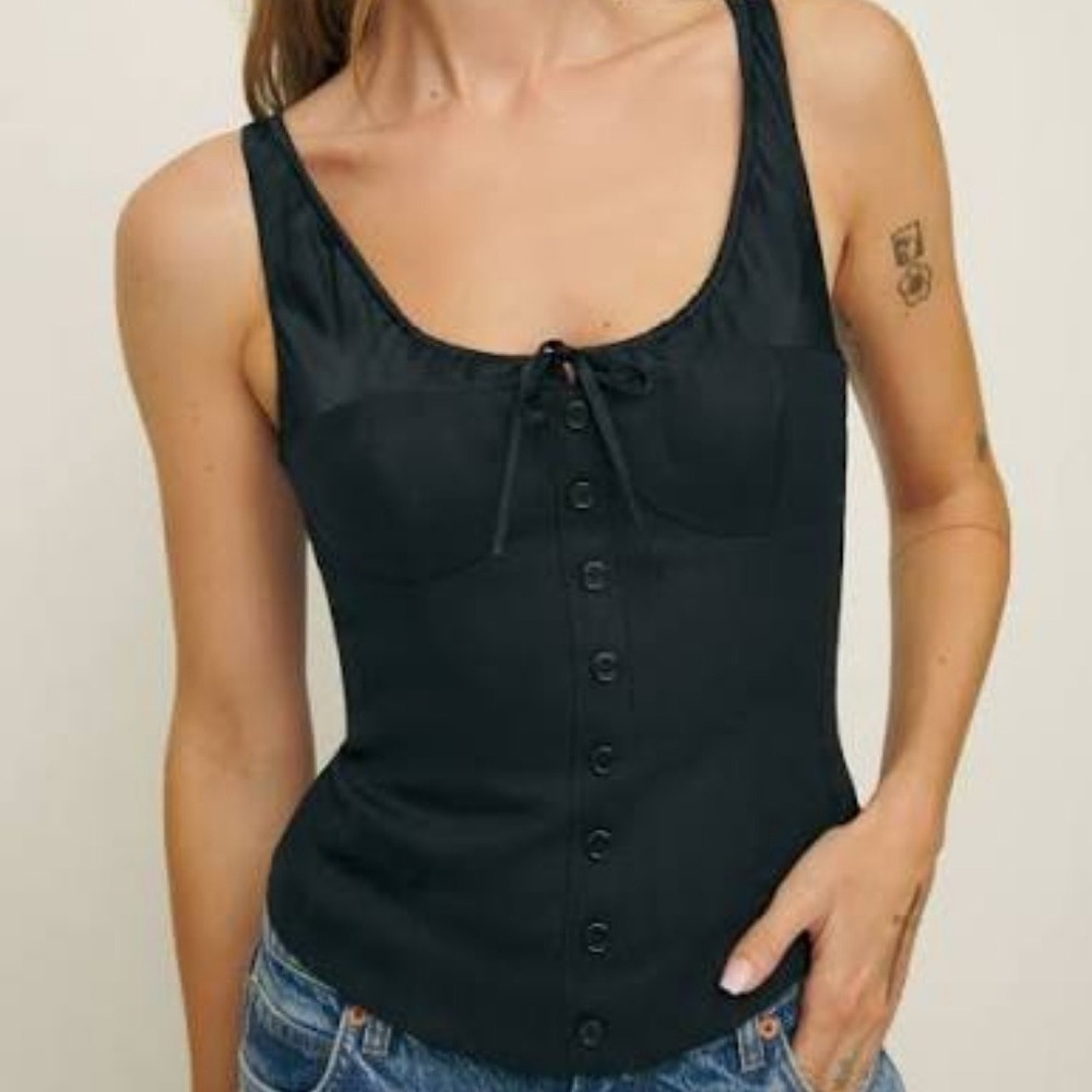 Reformation | Beverly Linen Silk Corset Button Front Top in Black | Size 0